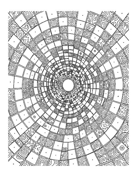 Line drawing of a warped checkerboard tunnel spiraling toward a center point