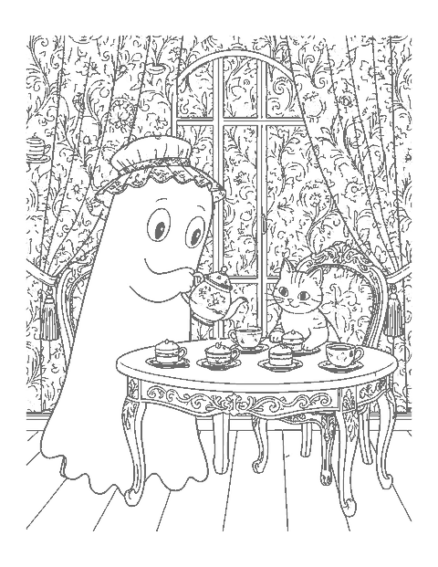 Line drawing of a friendly sheet ghost in a lace bonnet pouring tea for a cat at a fancy table