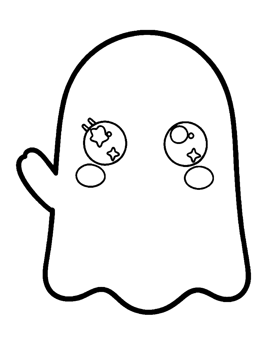 Line drawing of a cute smiling ghost with big eyes waving one arm