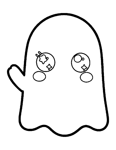 Line drawing of a cute smiling ghost with big eyes waving one arm