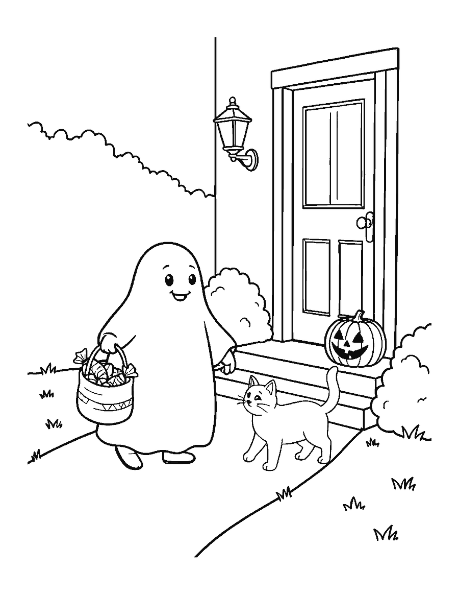 Line drawing of a ghost and a black cat walking to a door to trick-or-treat