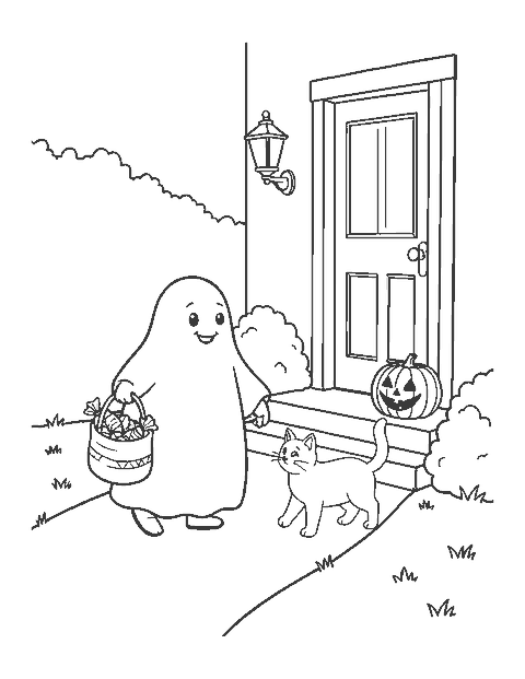 Line drawing of a ghost and a black cat walking to a door to trick-or-treat