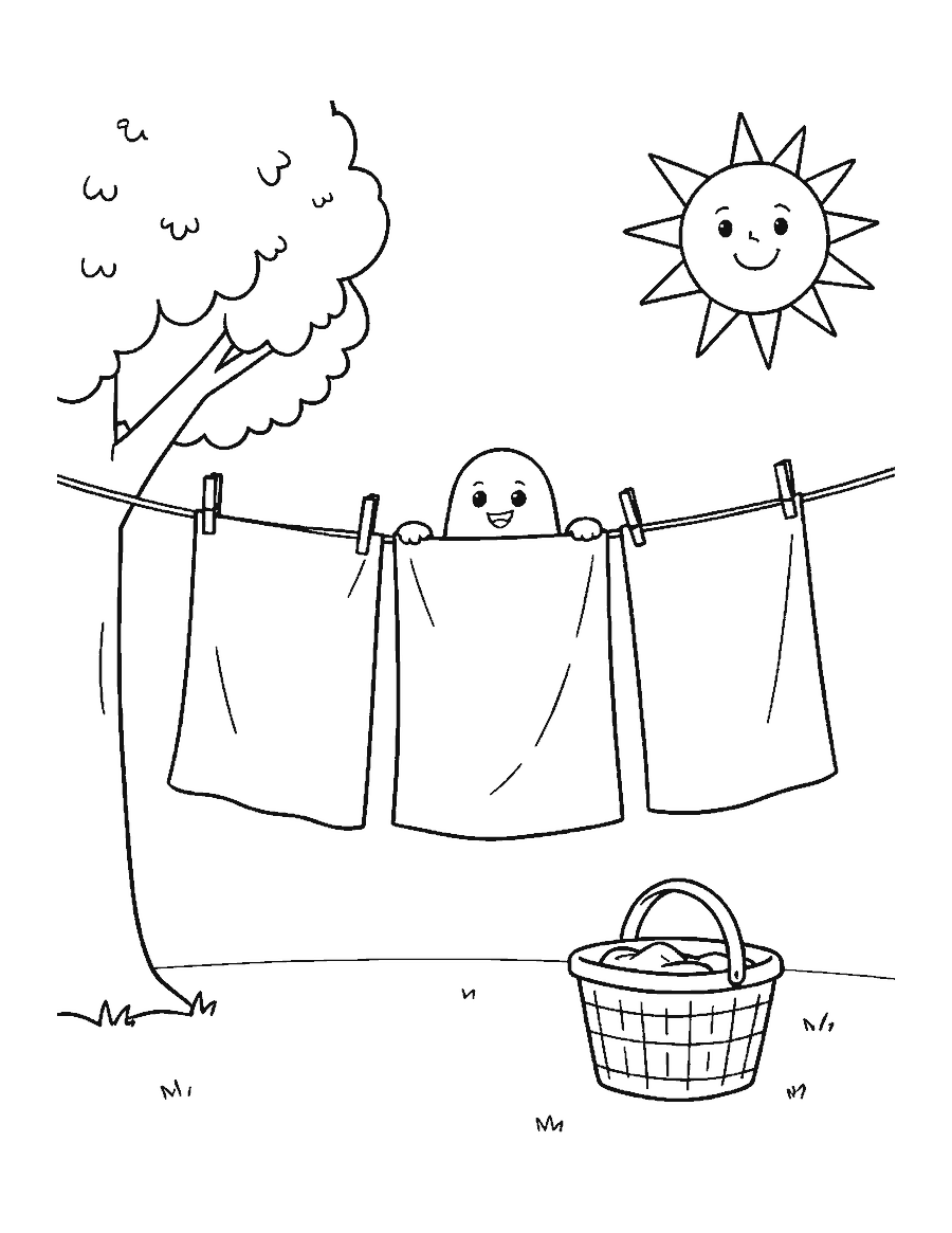Line drawing of a ghost peeking out between sheets hanging on a clothesline