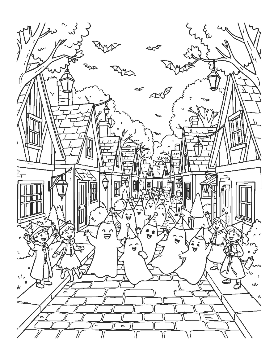 Line drawing of friendly ghosts in party hats floating down a village street