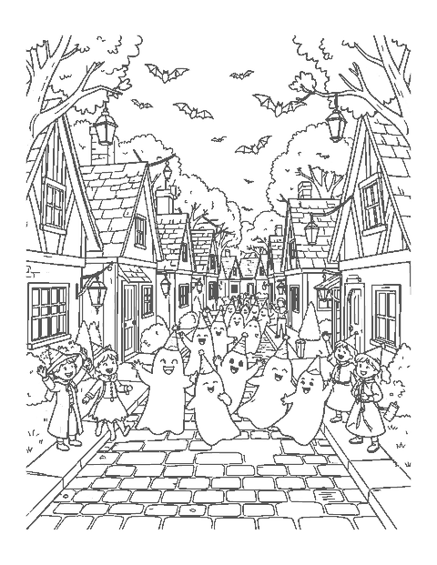 Line drawing of friendly ghosts in party hats floating down a village street