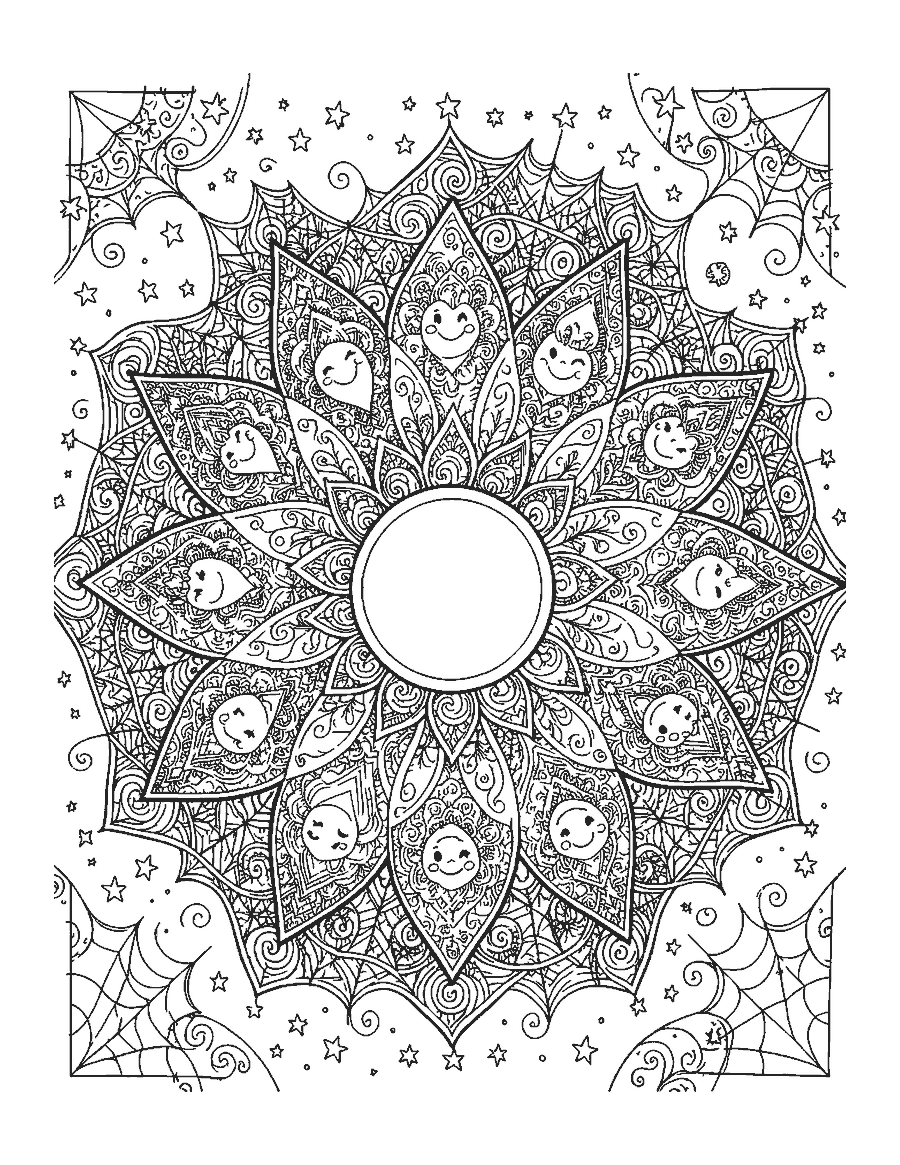Line drawing of a mandala with ghost-shaped petals around a full moon