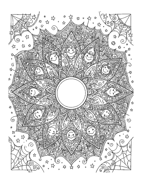 Line drawing of a mandala with ghost-shaped petals around a full moon