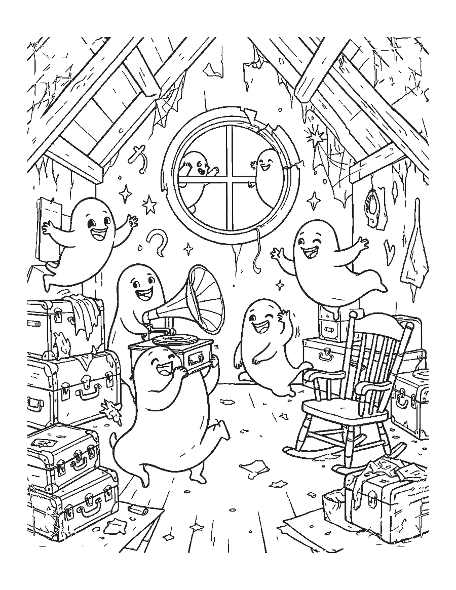 Line drawing of smiling ghosts dancing around trunks and a phonograph in an attic