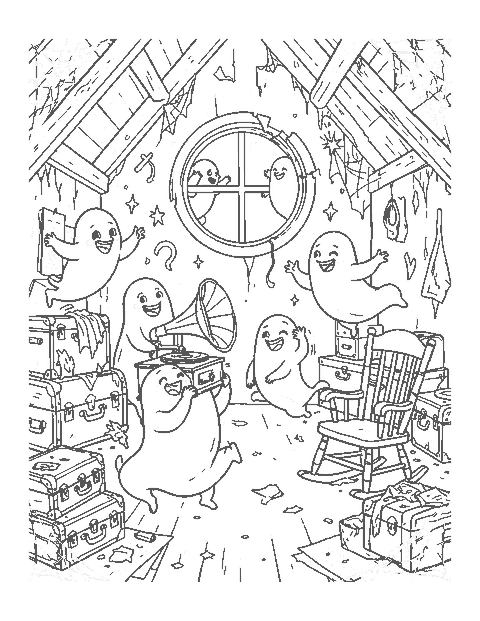 Line drawing of smiling ghosts dancing around trunks and a phonograph in an attic