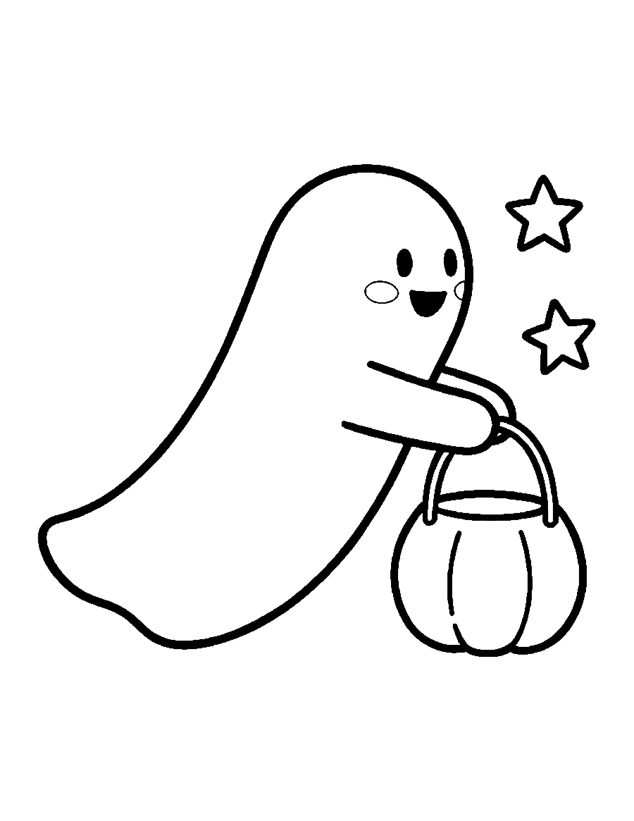 Line drawing of a small smiling ghost carrying a pumpkin pail