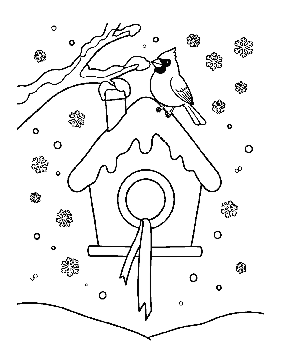 Line drawing of a gingerbread birdhouse hanging from a snowy branch with a cardinal on top