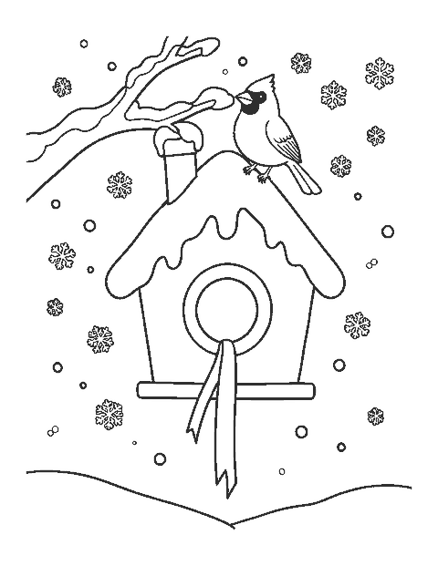 Line drawing of a gingerbread birdhouse hanging from a snowy branch with a cardinal on top
