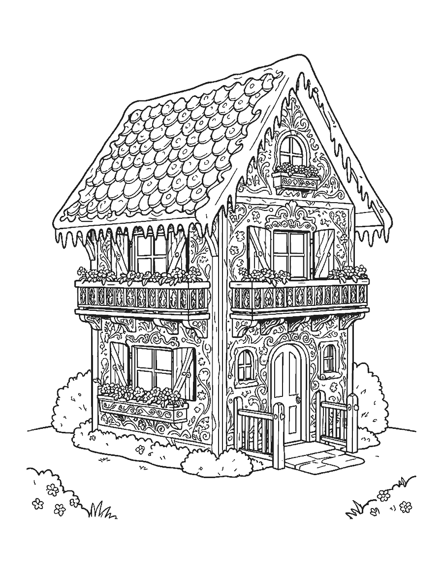 Line drawing of a detailed gingerbread chalet with icing balconies, wafer shutters and candy window boxes