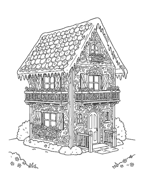 Line drawing of a detailed gingerbread chalet with icing balconies, wafer shutters and candy window boxes