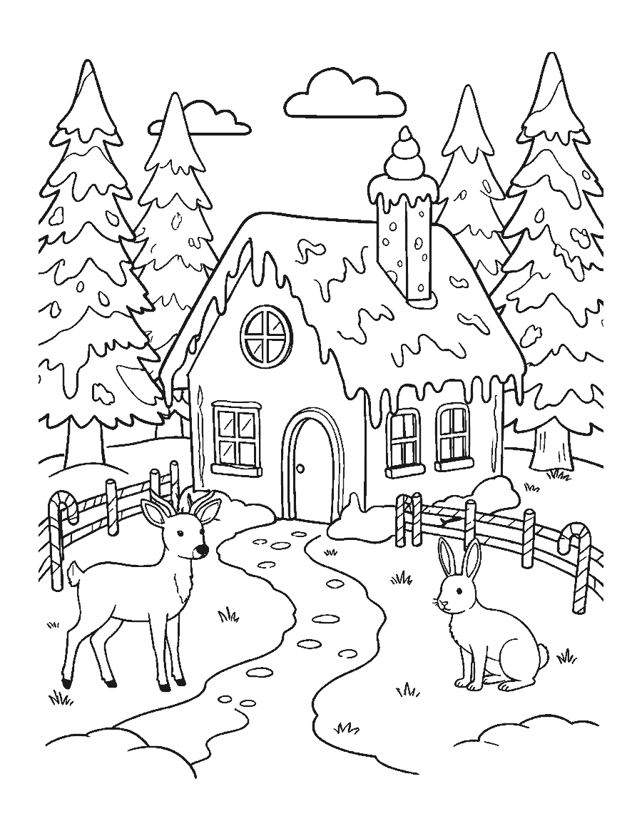 Line drawing of a gingerbread cottage in a snowy pine forest with a deer and a rabbit