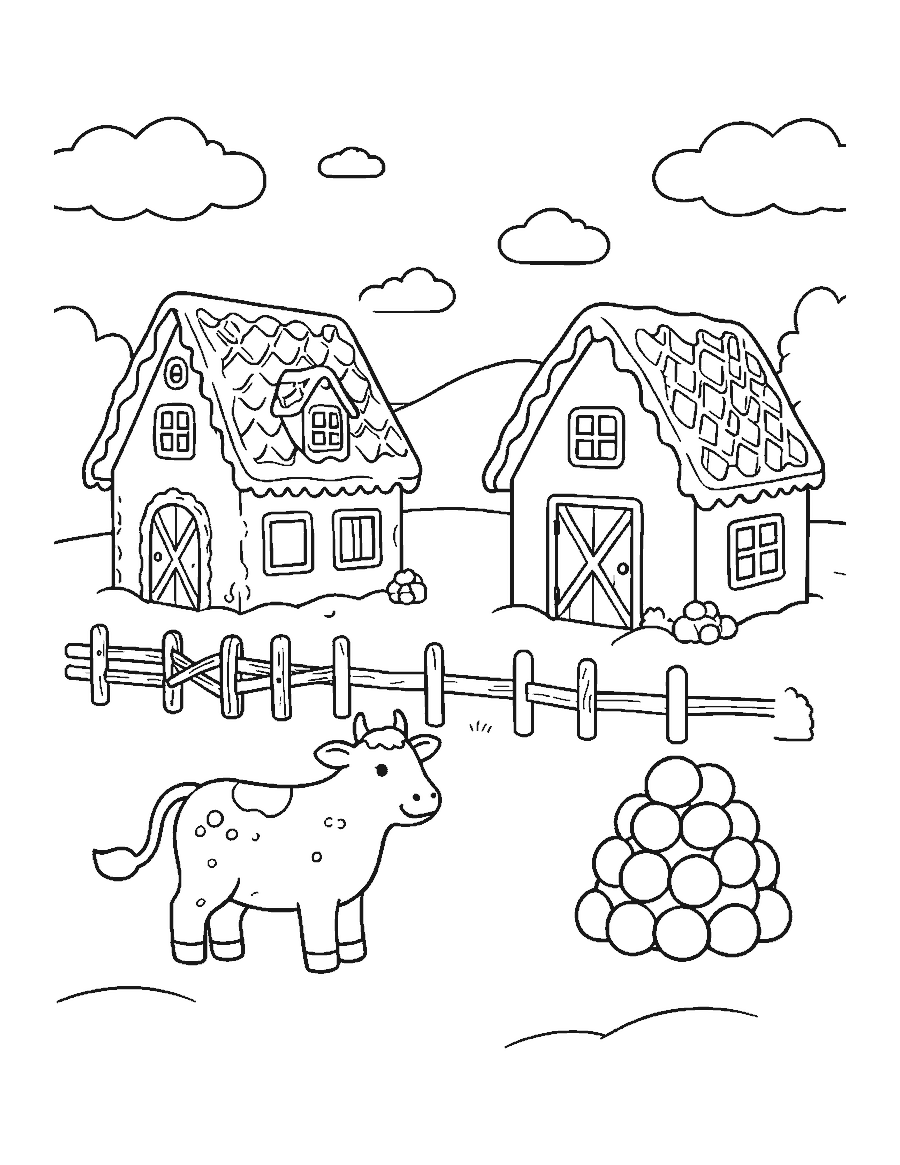 Line drawing of a gingerbread farmhouse and barn with a pretzel fence and a gingerbread cow