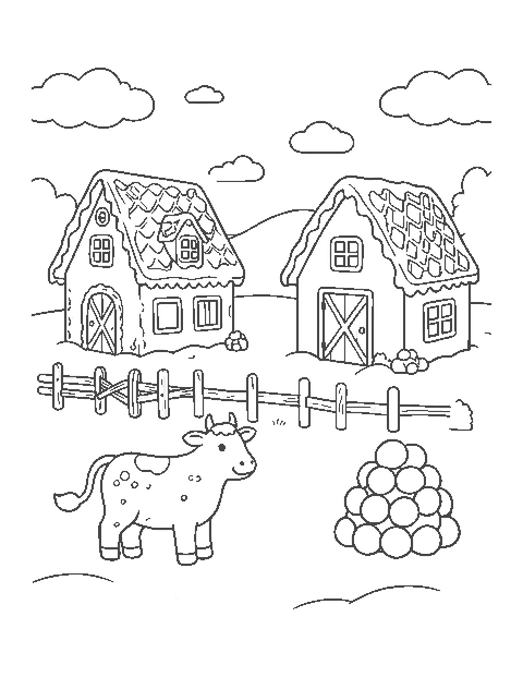 Line drawing of a gingerbread farmhouse and barn with a pretzel fence and a gingerbread cow