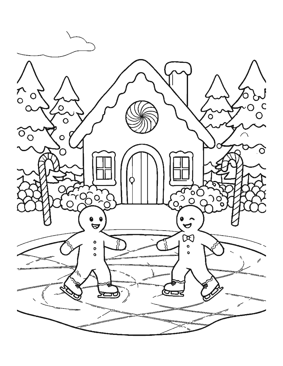 Line drawing of two gingerbread people skating on a pond in front of a gingerbread house