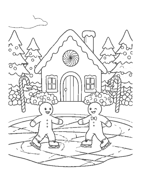 Line drawing of two gingerbread people skating on a pond in front of a gingerbread house