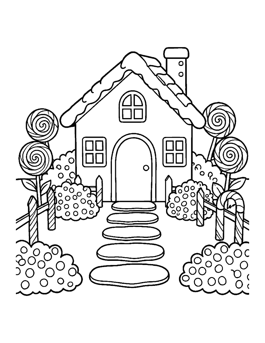 Line drawing of a gingerbread house with lollipop flowers, gumdrop bushes and a candy cane fence