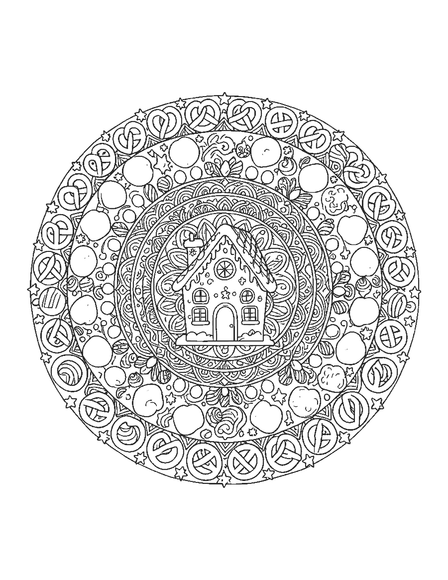 Line drawing of a mandala with a gingerbread house center and rings of pretzels, wafers and gumdrops