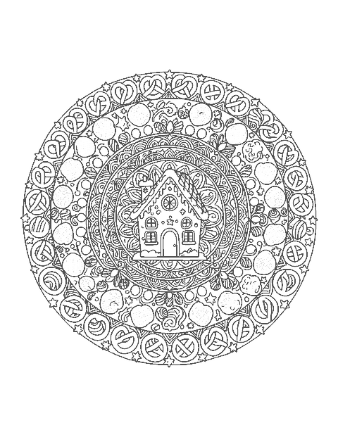 Line drawing of a mandala with a gingerbread house center and rings of pretzels, wafers and gumdrops