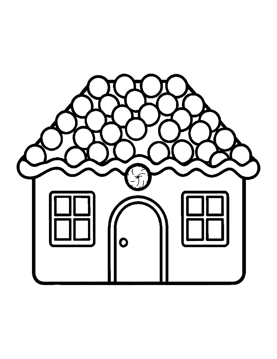 Line drawing of a small gingerbread house with a gumdrop roof, icing eaves and square windows