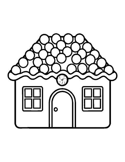 Line drawing of a small gingerbread house with a gumdrop roof, icing eaves and square windows