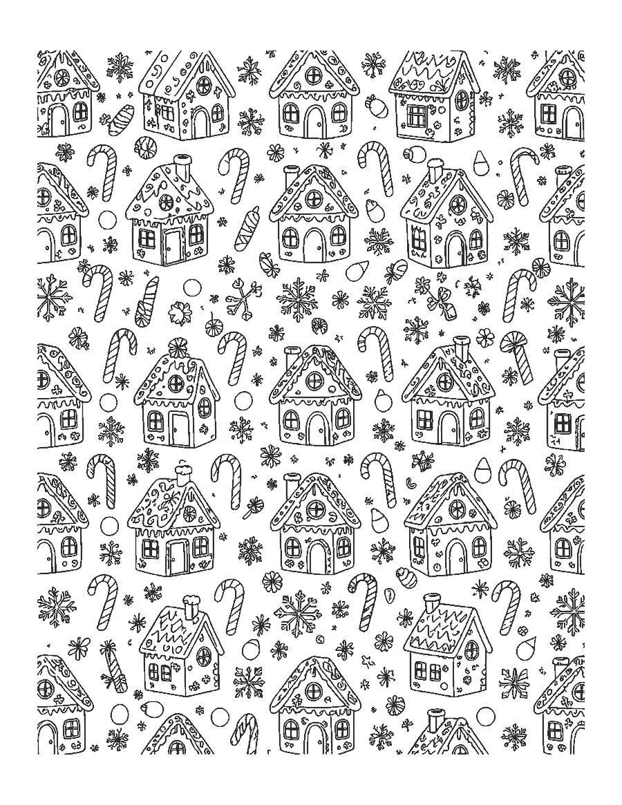 Line drawing of a repeating pattern of small gingerbread houses, candy canes and snowflakes