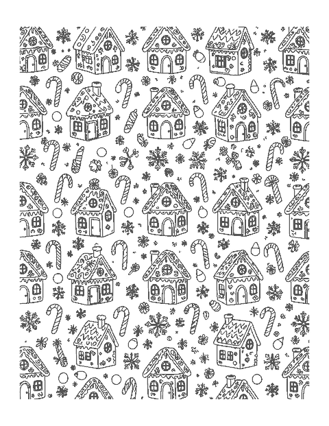 Line drawing of a repeating pattern of small gingerbread houses, candy canes and snowflakes