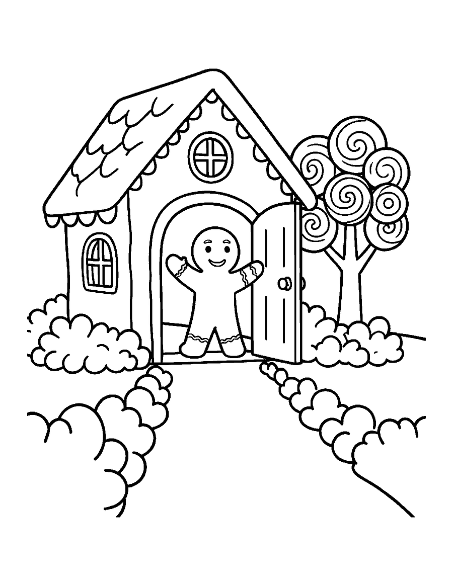 Line drawing of a gingerbread man waving from the door of his gingerbread house