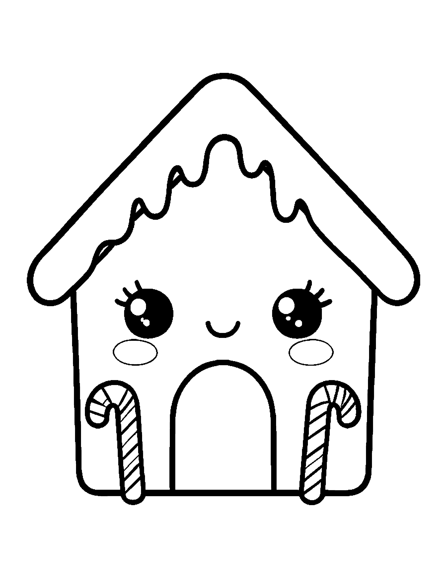 Line drawing of a cute gingerbread house with a smiling face and candy canes by the door