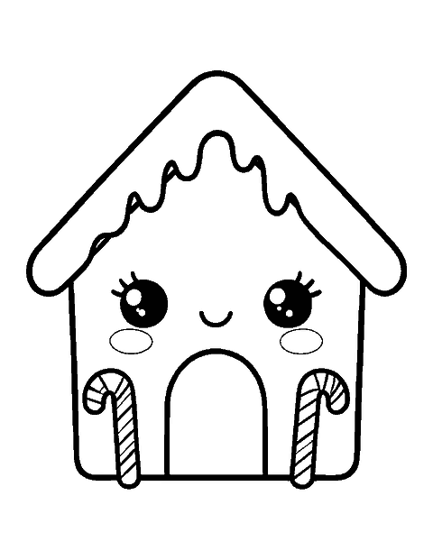 Line drawing of a cute gingerbread house with a smiling face and candy canes by the door