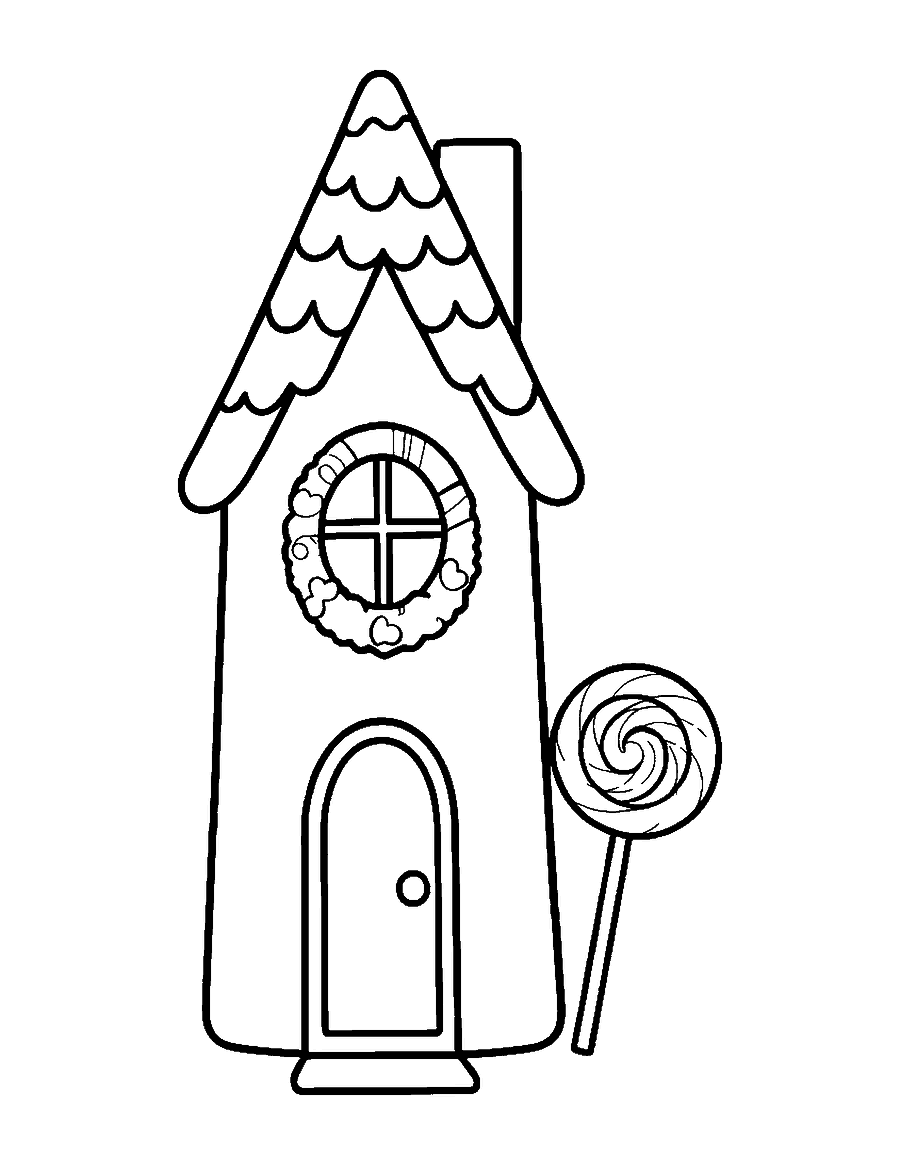 Line drawing of a tall gingerbread cottage with icing shingles, a peppermint wreath and a lollipop