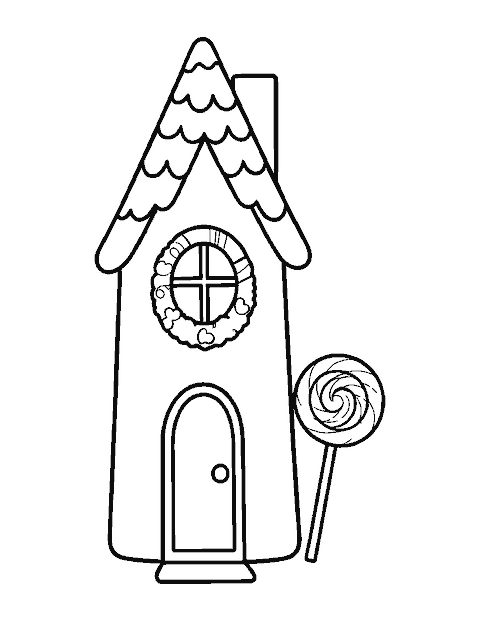 Line drawing of a tall gingerbread cottage with icing shingles, a peppermint wreath and a lollipop