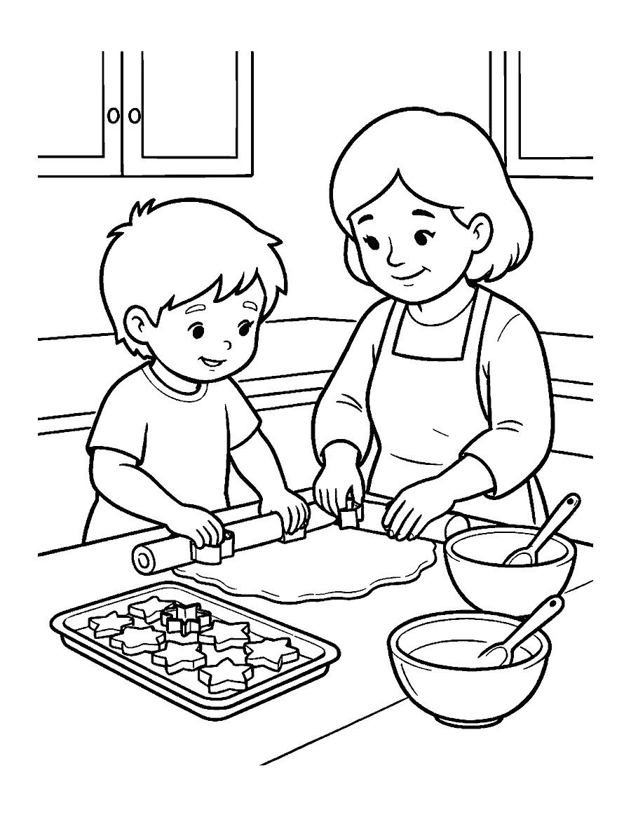 Line drawing of a child and grandmother cutting gingerbread cookies on a counter