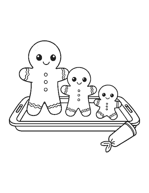 Line drawing of four cute gingerbread cookies of different sizes on a baking tray