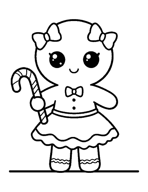 Line drawing of a cute gingerbread girl with big eyes holding a candy cane