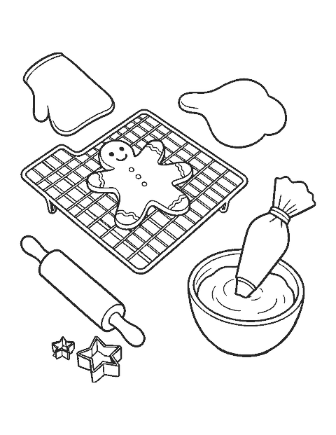 Line drawing of a gingerbread man cookie on a cooling rack with a rolling pin and icing bag