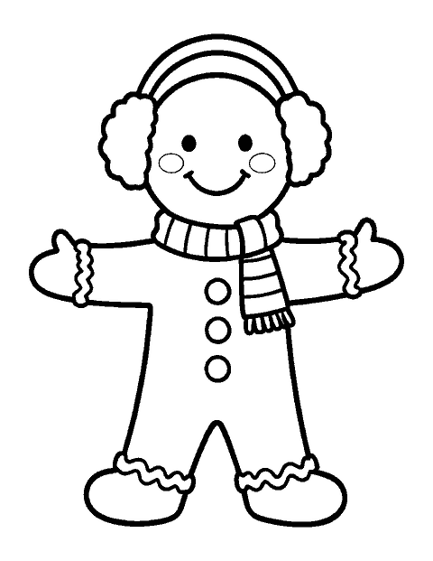 Line drawing of a smiling gingerbread man wearing earmuffs and a striped scarf