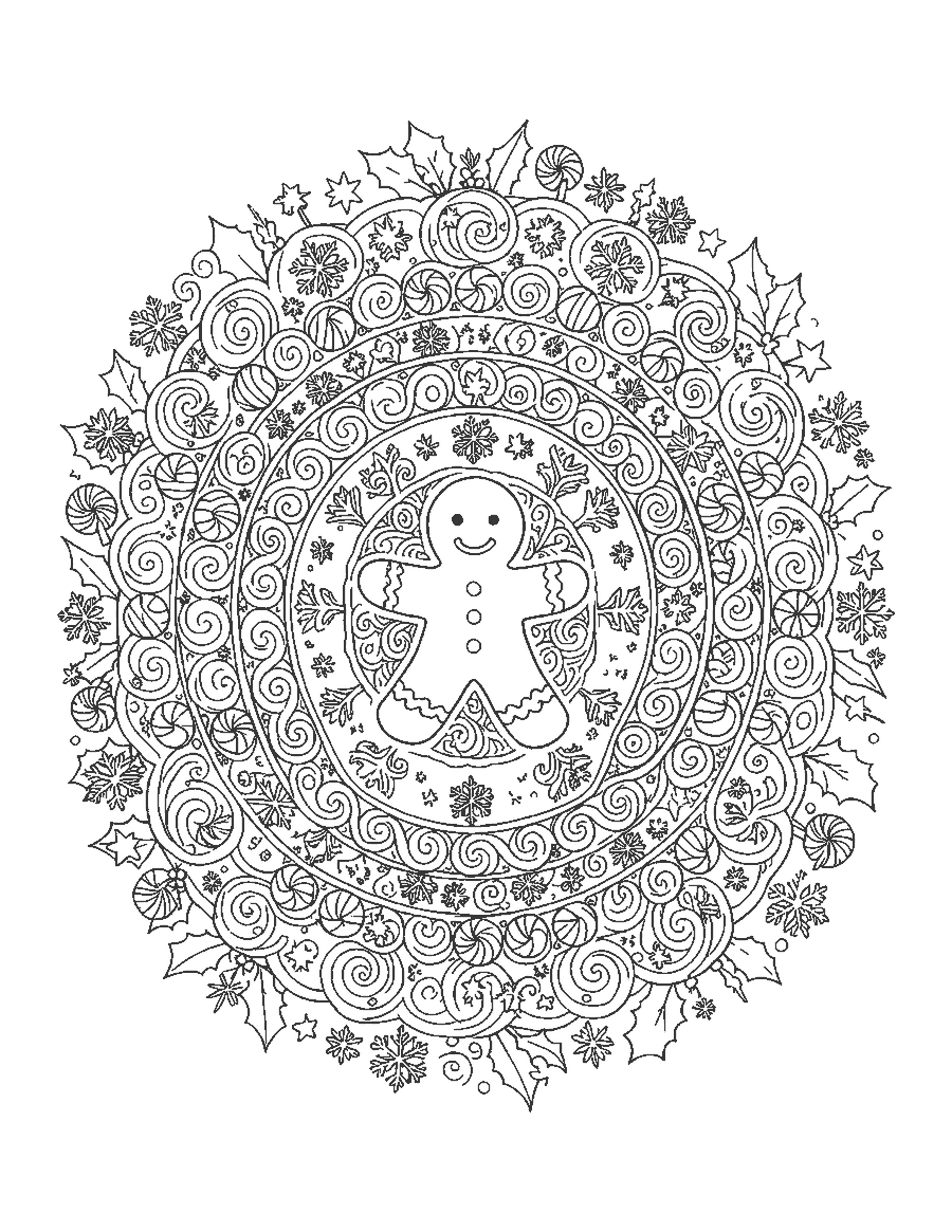 Line drawing of a round mandala with a gingerbread man, peppermints and snowflakes