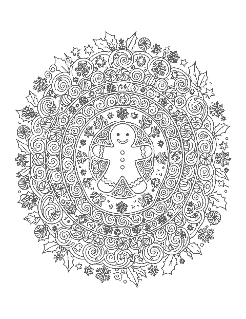 Line drawing of a round mandala with a gingerbread man, peppermints and snowflakes