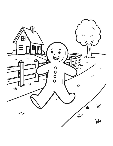 Line drawing of a gingerbread man running down a lane past a cottage