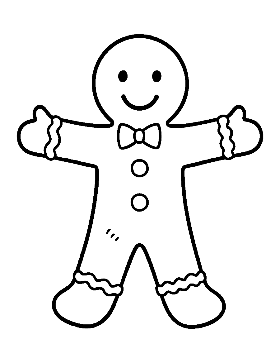 Line drawing of a smiling gingerbread man with icing buttons and a bow tie