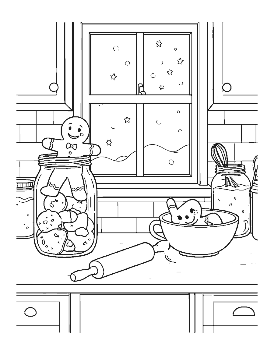 Line drawing of three gingerbread men escaping a cookie jar on a kitchen counter