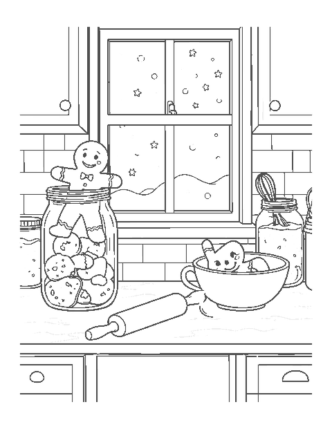 Line drawing of three gingerbread men escaping a cookie jar on a kitchen counter