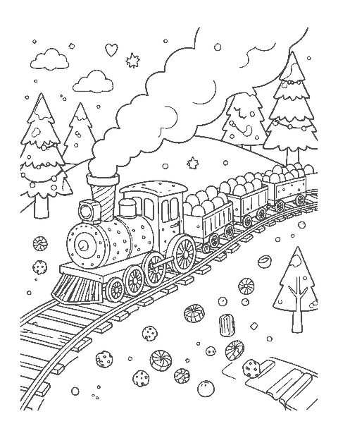 Line drawing of a gingerbread train carrying candy across a snowy hill