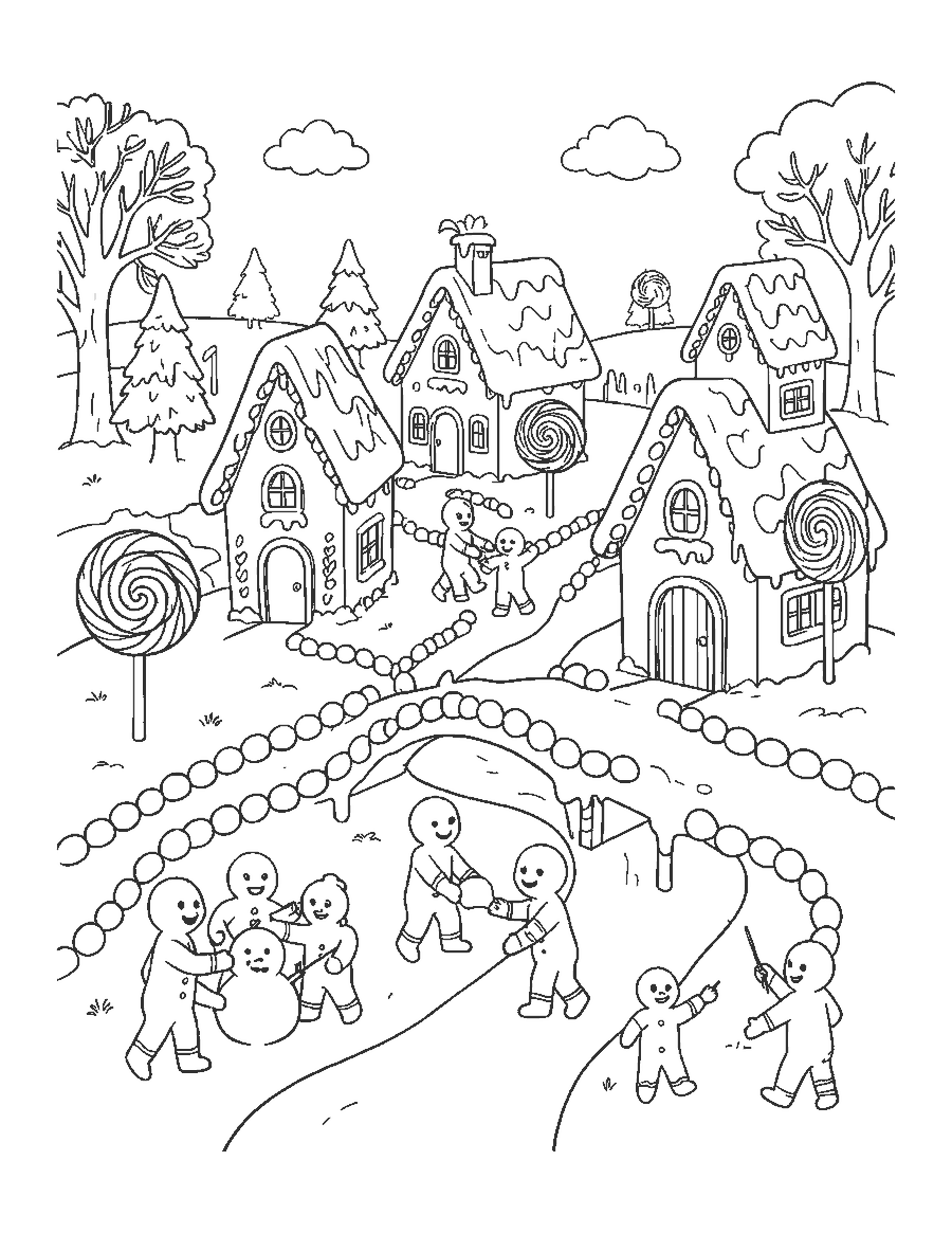 Line drawing of a gingerbread village with candy cottages, a bridge and lollipop trees