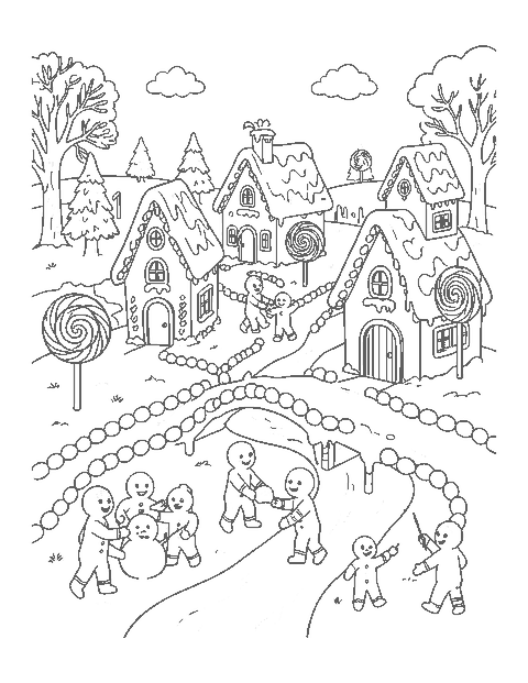 Line drawing of a gingerbread village with candy cottages, a bridge and lollipop trees