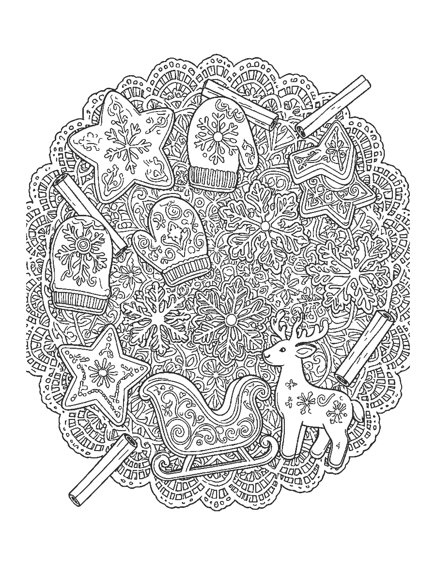 Line drawing of decorated gingerbread cookies of many shapes on a lace doily